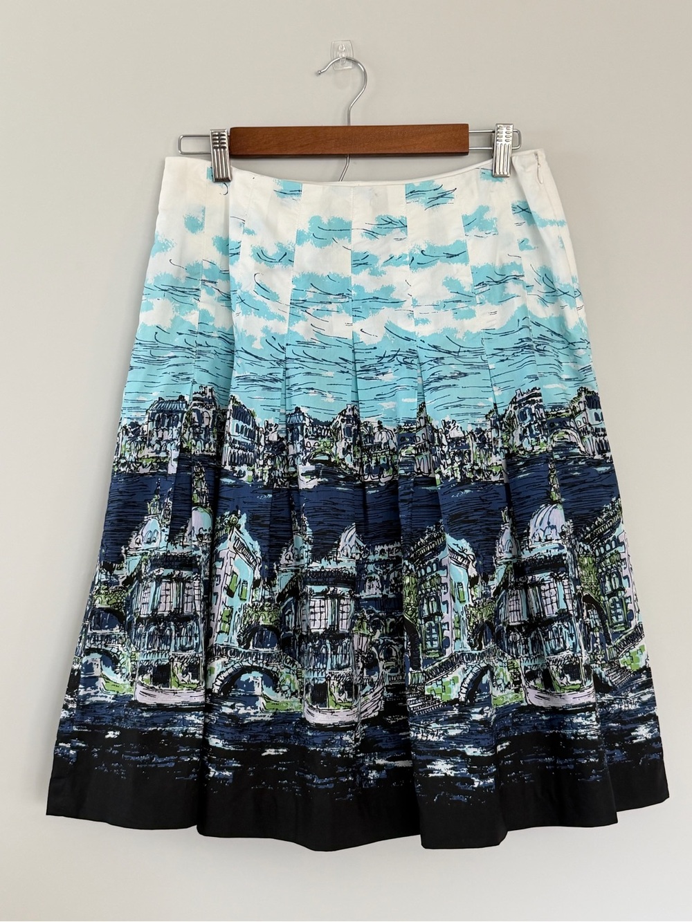 Talbots Venice Print Pleated A-Line Skirt Blue White Travel 4P - Picture 2 of 16